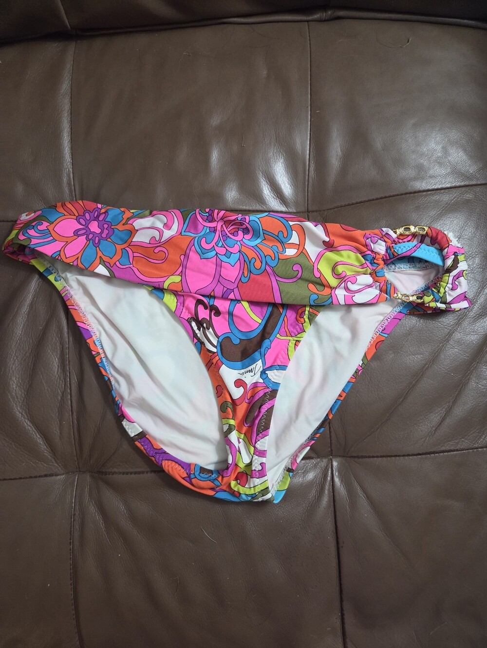 Trina Turk Psychedelic Mod Floral Foldover Bikini Bottoms Size 8 Gold Ring Accen